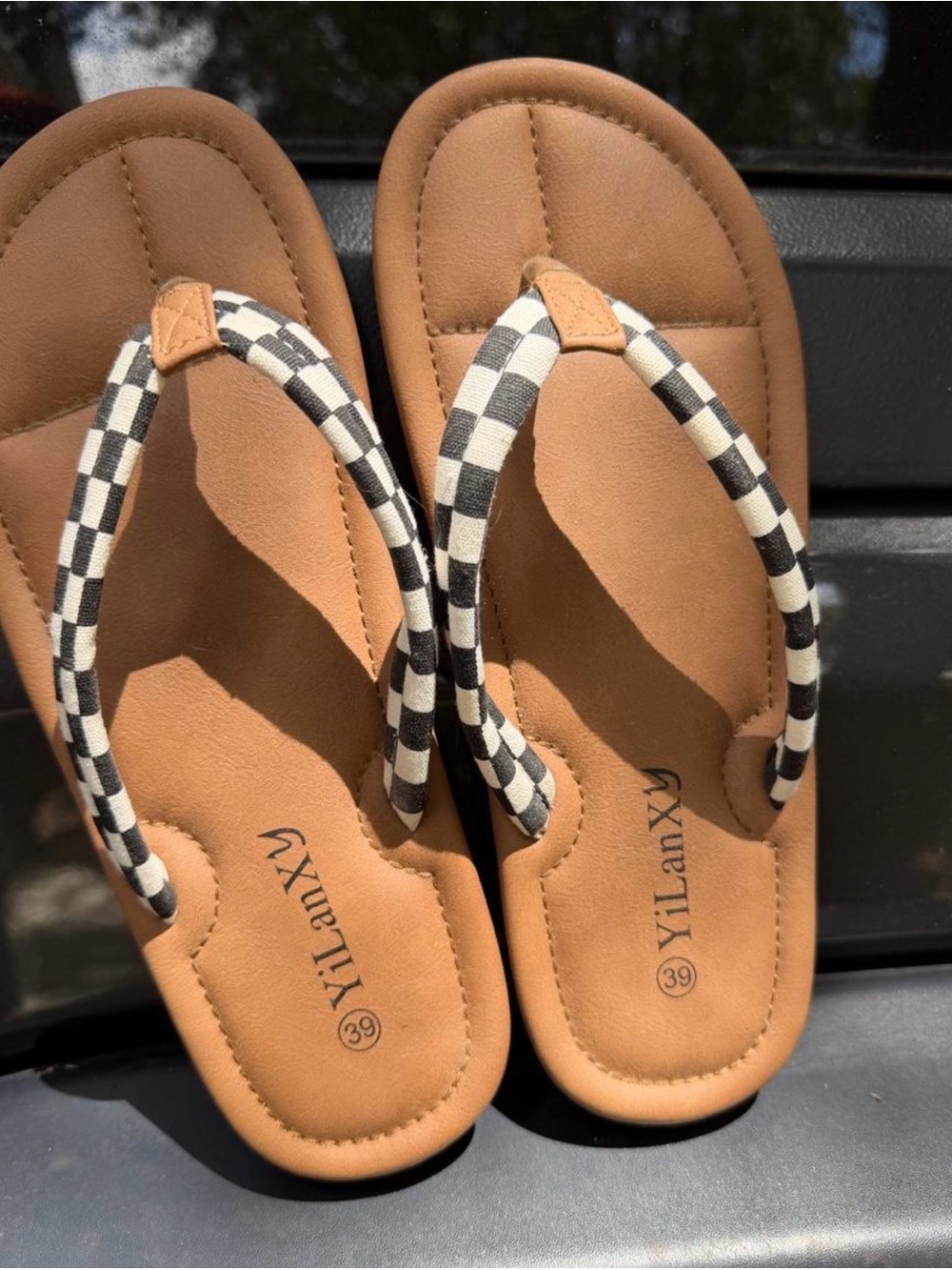 Tan Women's Flip-Flop Sandals with Black & White Check Straps